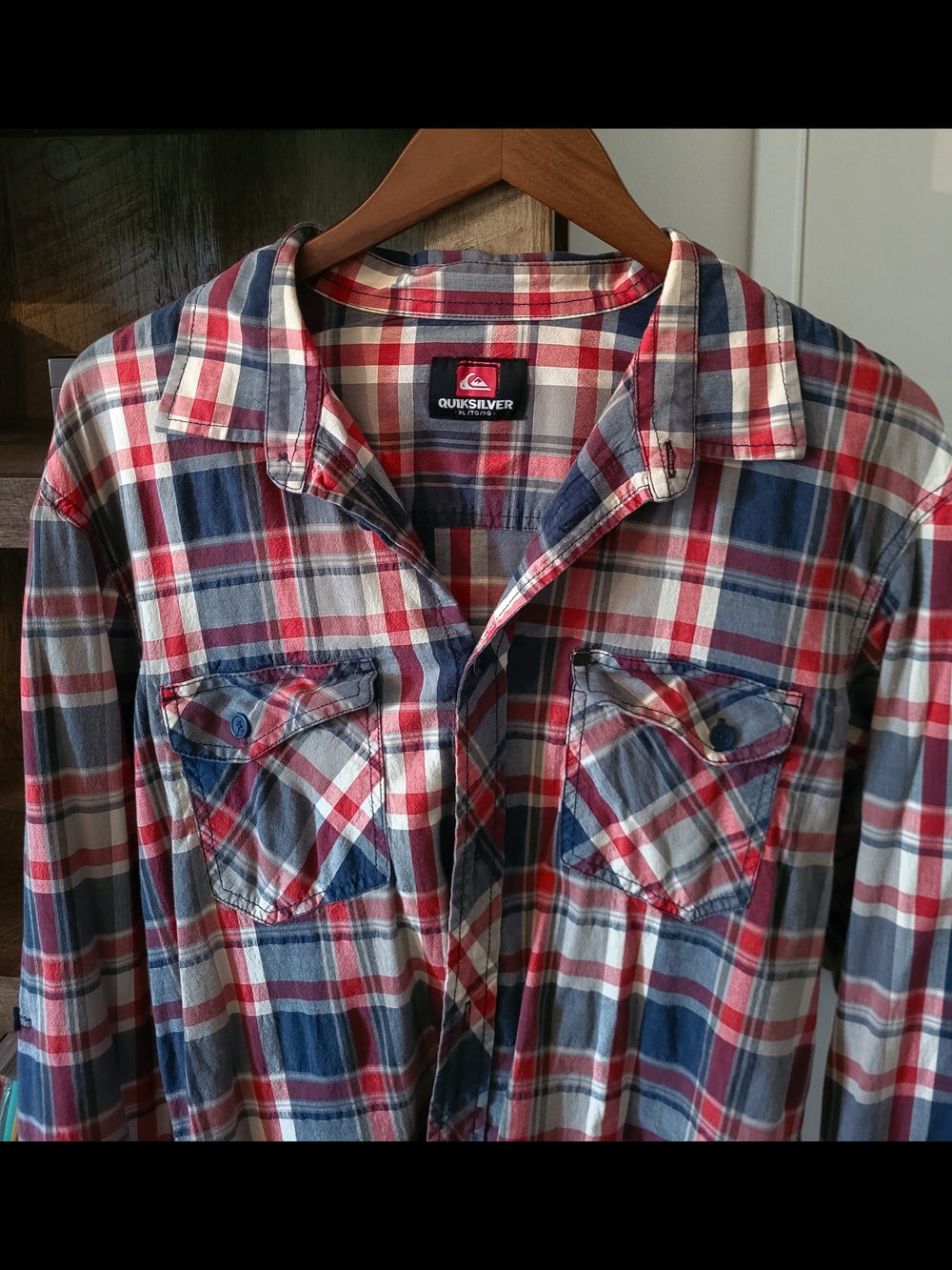 Quiksilver Red, Blue and White Plaid Button-Down Shirt